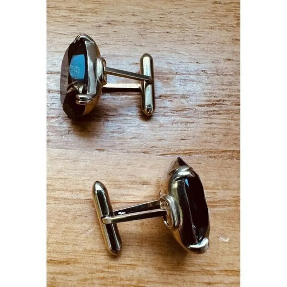 Smokey Quartz Cufflinks Unisex Domed Gold Toned Brown Faceted Oval Stone Vintage
